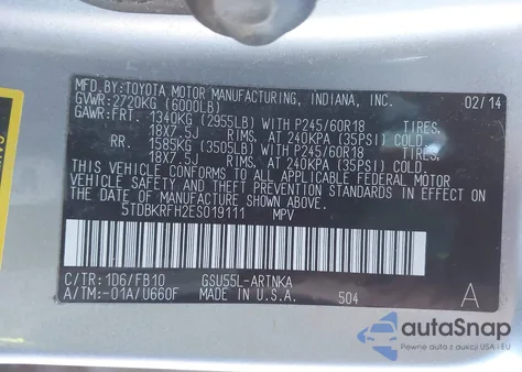 2014 Toyota Highlander Le V6 from USA, damaged, VIN 5TDBKRFH2ES019111